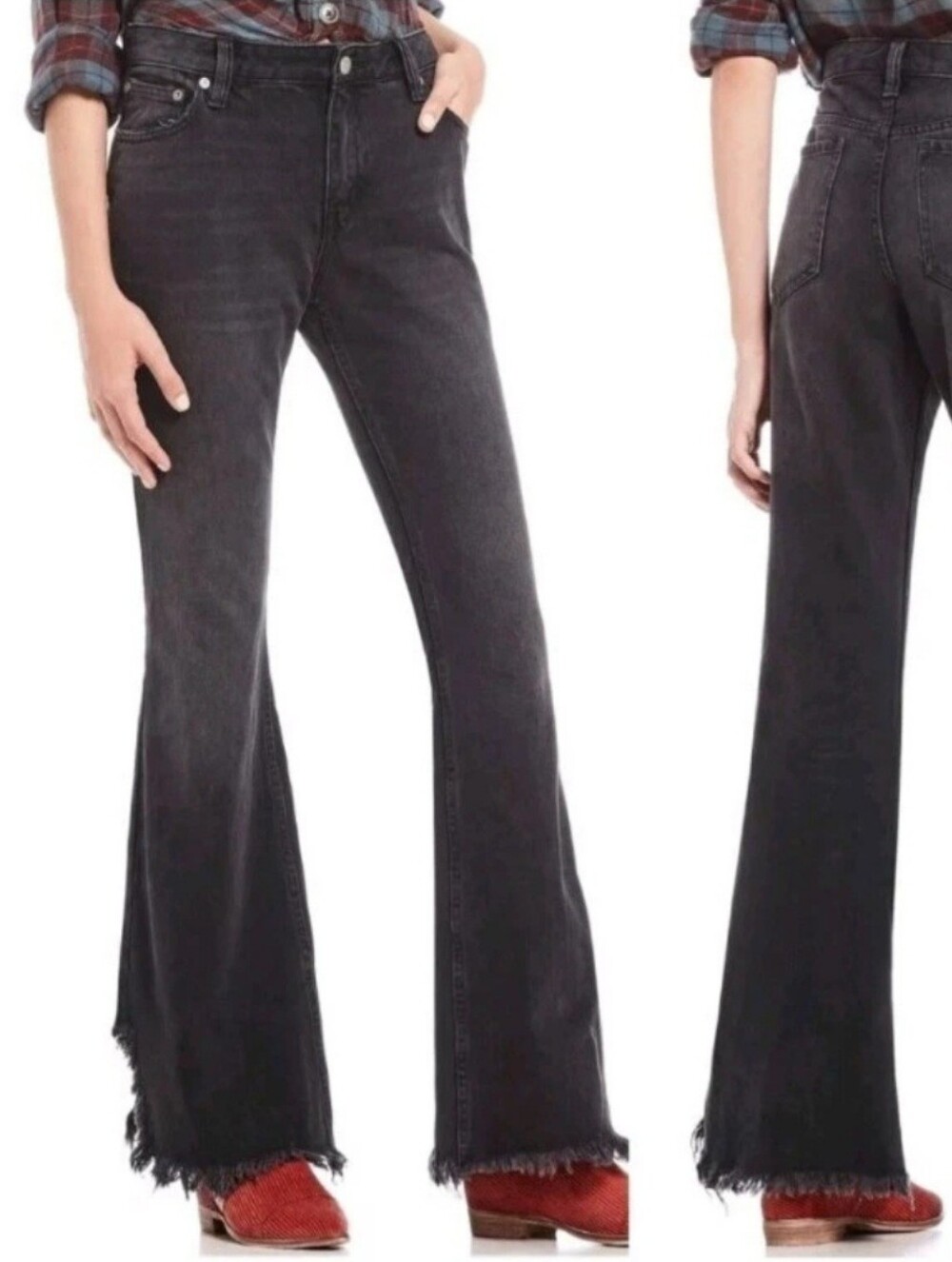 Free People We The Free Flare Jeans Size 28 Black Wash Raw Hem